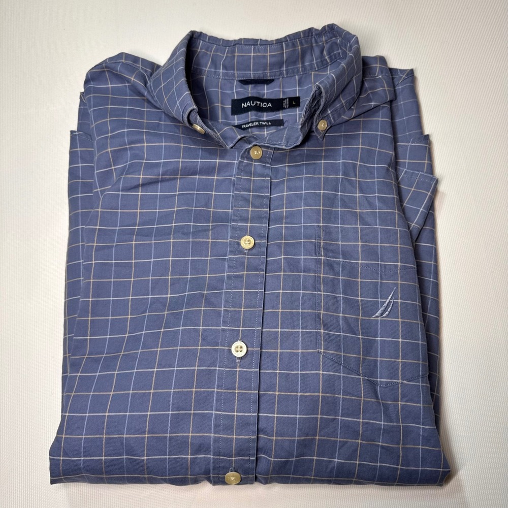 Nautica Button Down Shirt Mens‎ L Blue Traveler Twill Windowpane Dress Business